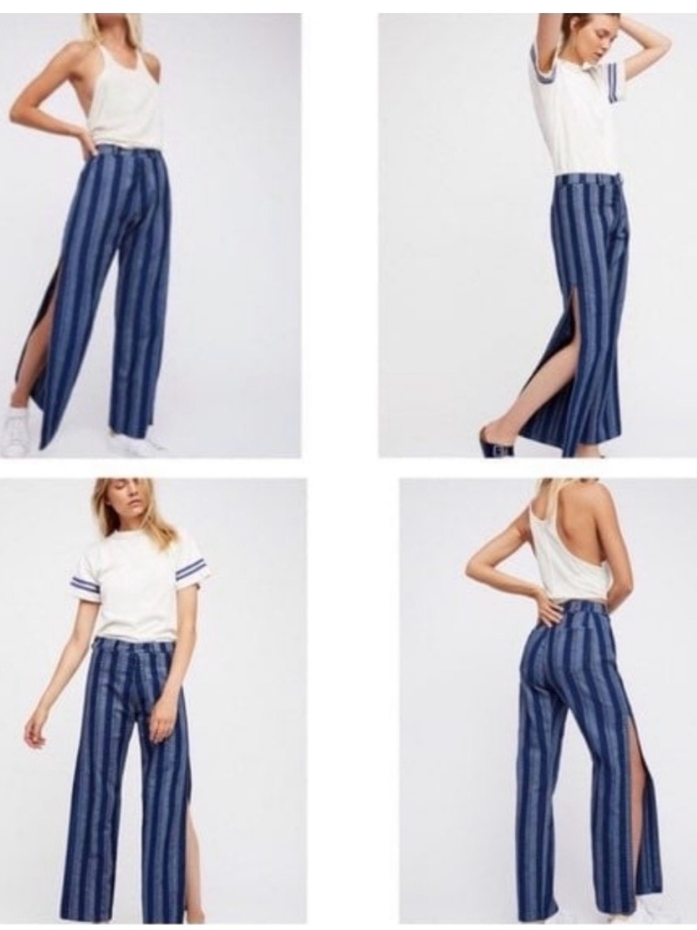 Free People Navy & Indigo Vertical-Strip Side-Slit Wide-Leg Pants